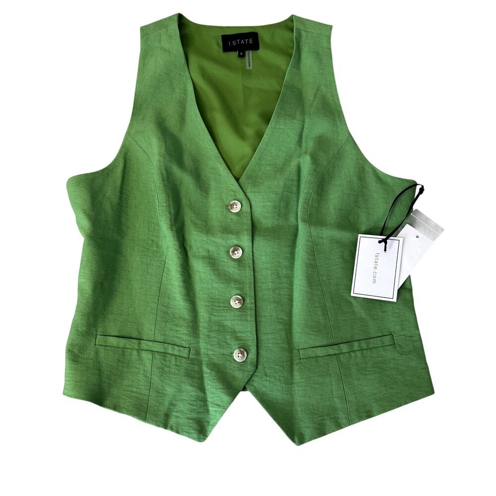 NWT 1.STATE Green Linen Blend Button-Front Vest Women's Size 6